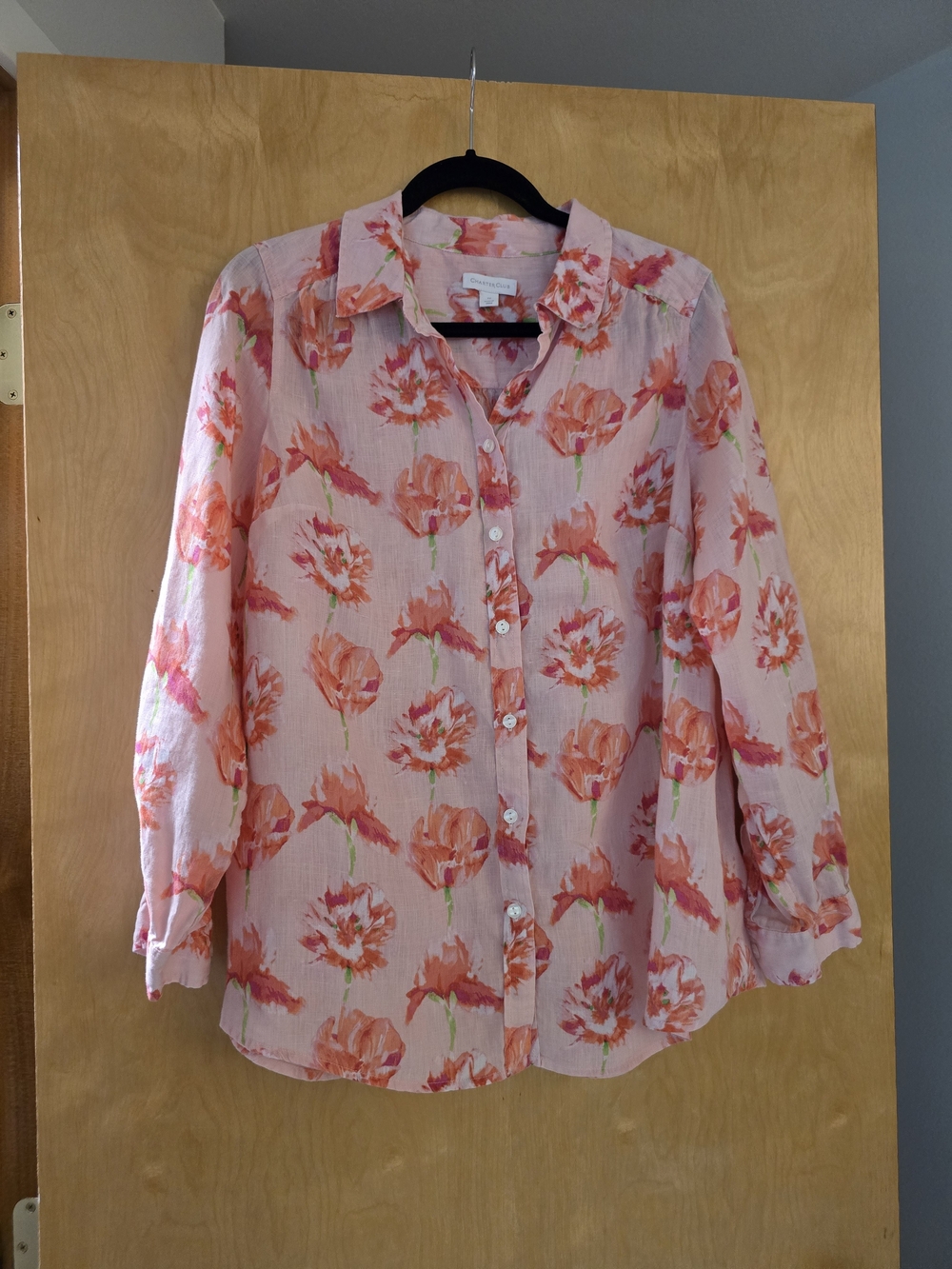 Charter Club Pink Button-Front Linen Top